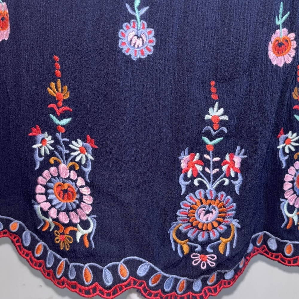 Halter Top Summer Dress Navy Flirty Floral Embroidery Ruffle Off Shoulder XS Y2K - Picture 4 of 9